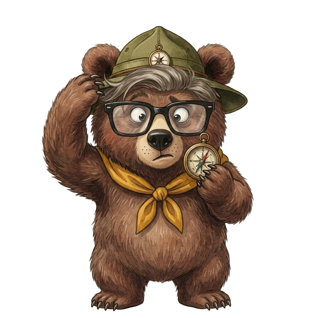 Scout bear scratching his head at a compass